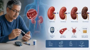 Medical illustration showing a person checking blood sugar levels alongside the progression of diabetic kidney disease, highlighting how high blood sugar can damage kidney blood vessels and filters over time, leading to chronic kidney damage.