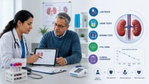 Doctor reviewing kidney function results with a patient during a clinical consultation, alongside a medical infographic highlighting lab tests, urine tests, imaging tests, vital signs, and clinical assessments used to monitor chronic kidney disease progression.