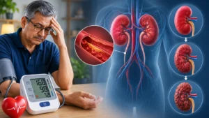 Medical illustration showing a person with high blood pressure alongside a blood pressure monitor, narrowed blood vessels, and kidneys progressing from healthy to damaged stages, demonstrating how hypertension can reduce blood flow and harm kidney function over time.