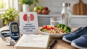 Healthy lifestyle setup featuring a blood glucose monitor, nutritious meal, water, exercise shoes, and kidney health awareness materials, representing diabetes management strategies that help prevent kidney damage over time.