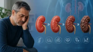 Illustration showing the progression of chronic kidney disease over time, with kidneys advancing from healthy to severely damaged stages alongside a concerned patient and medical symptom icons.