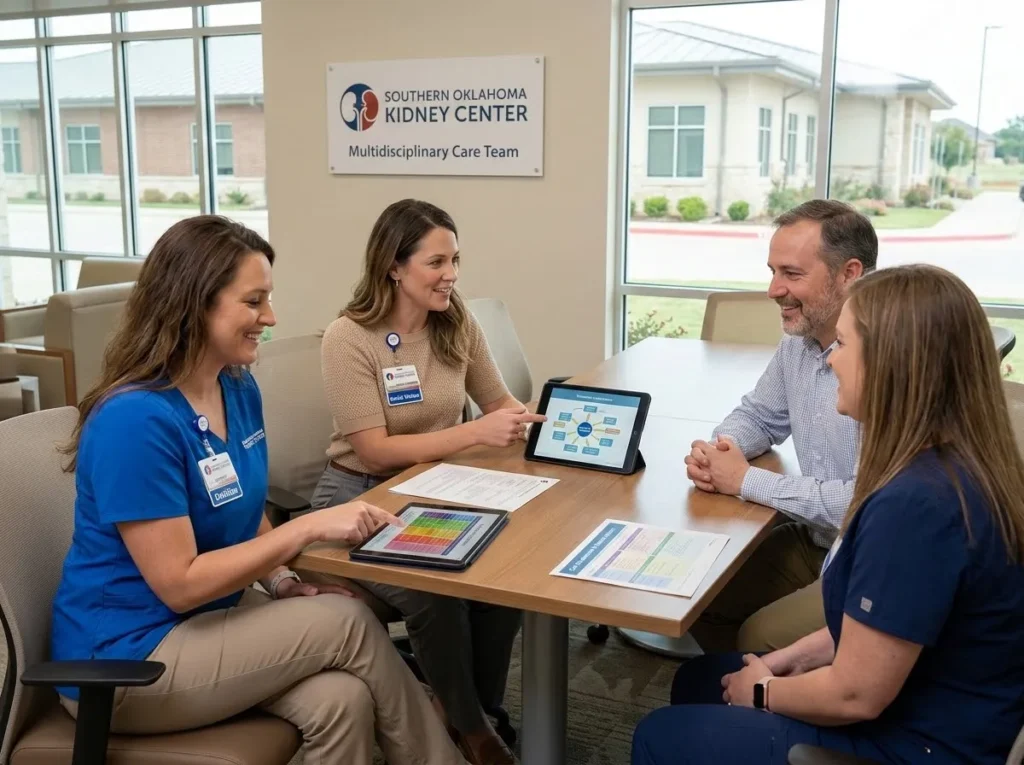 Renal social worker reviewing a long-term kidney care plan with a patient and caregiver