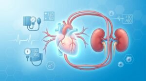 Illustration of a heart and kidneys with blood pressure monitors showing 130/80 readings