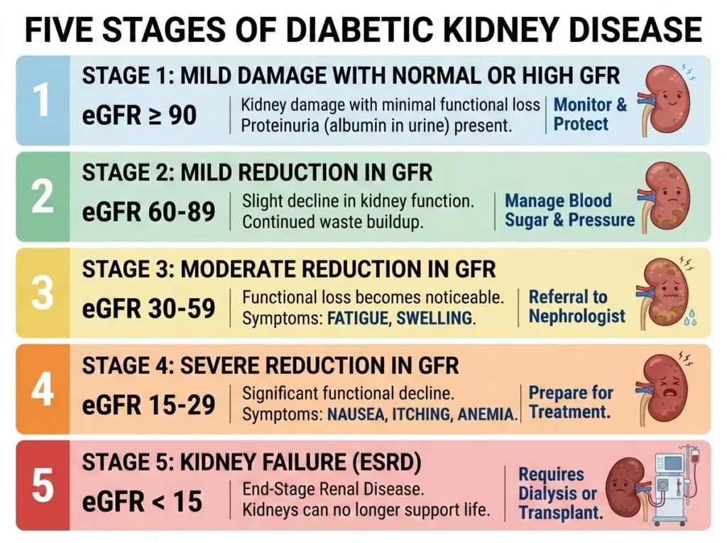 Illustration of the stages of diabetic kidney disease based on eGFR and protein in urine