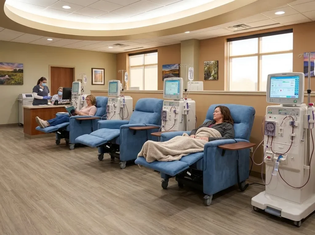 Patient receiving in-center hemodialysis treatment while a nurse monitors the session